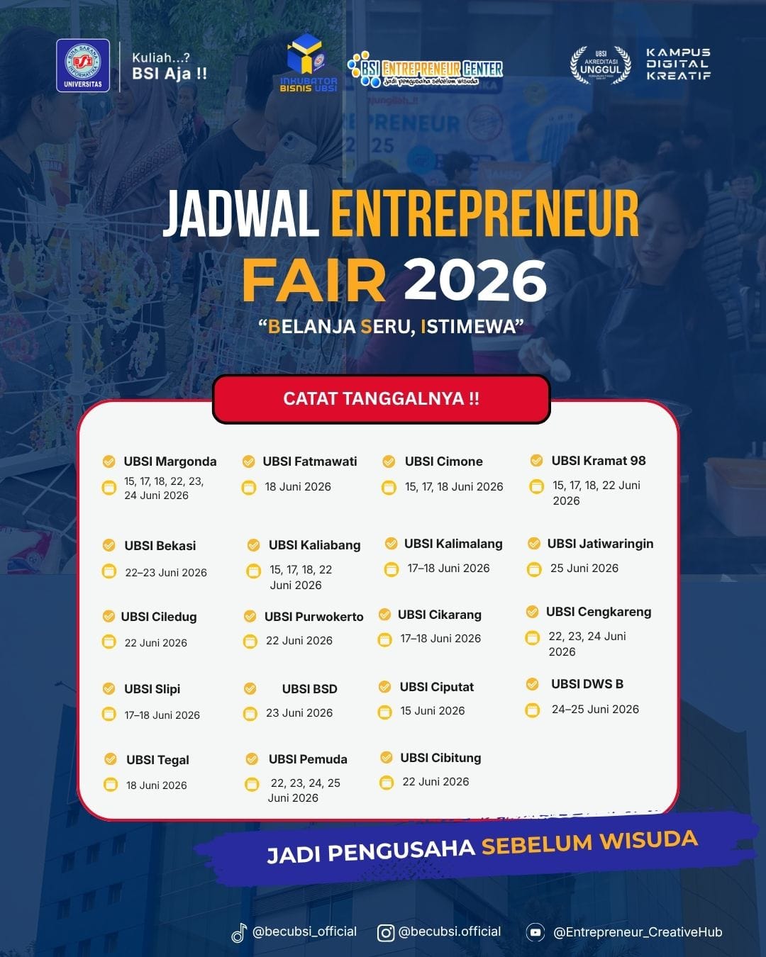 Jadwal Lengkap Cabang Kampus UBSI Entrepreneur Fair 2026